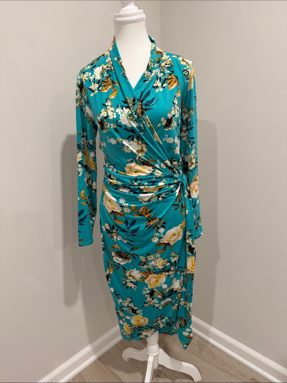 RACHEL Rachel Roy Teal Floral Midi Wrap Dress Size L NWT